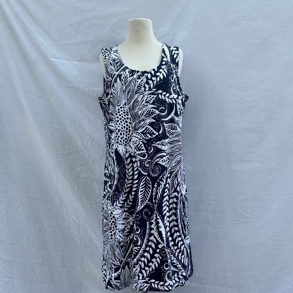 Navy Blue and White Floral Sleeveless Dress Chicos Size 12